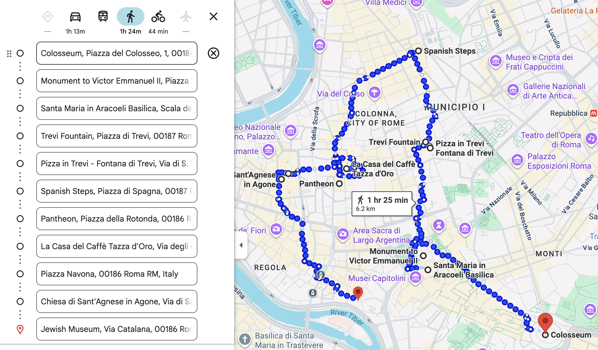 Rome walking route transformation from text list to Google Maps showing complete route